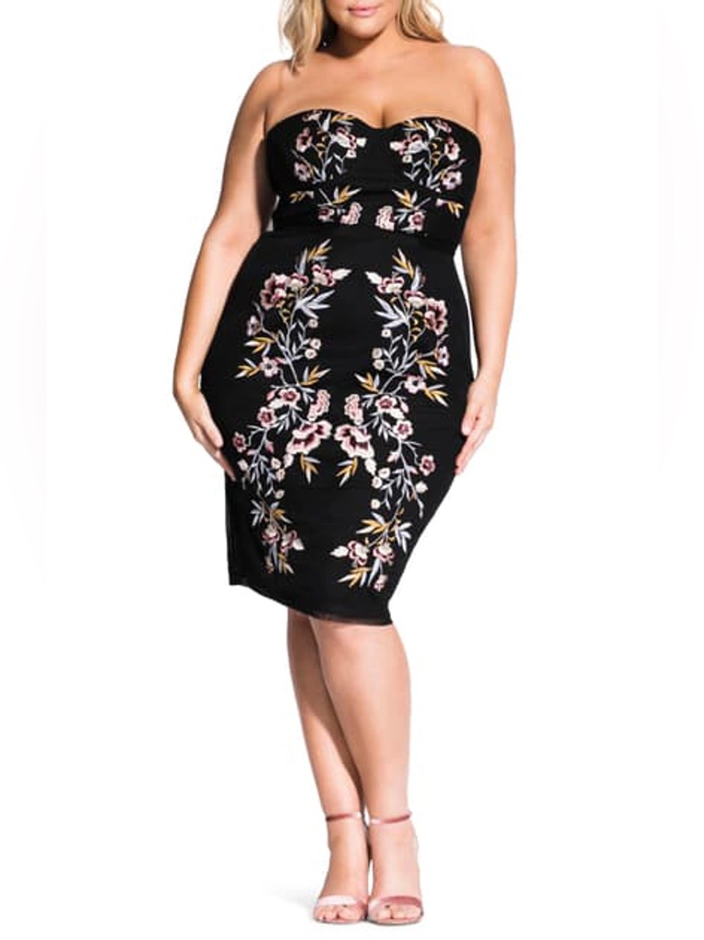 City Chic Black Strapless Floral Embroidered Bodycon Dress